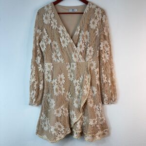 Half Island Floral Lace Faux Wrap Mini Dress Womens XL Boho Coastal Fairycore